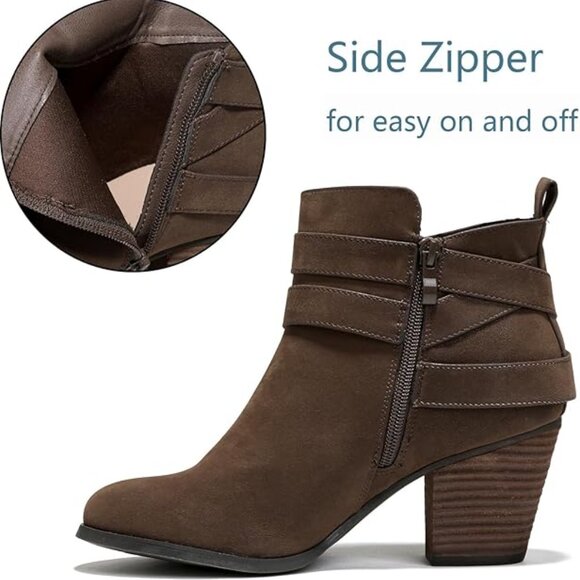 Women's Wide Width Ankle Boots, Extra Wide Mid Heel Side Zipper Booties Brown - Picture 5 of 5